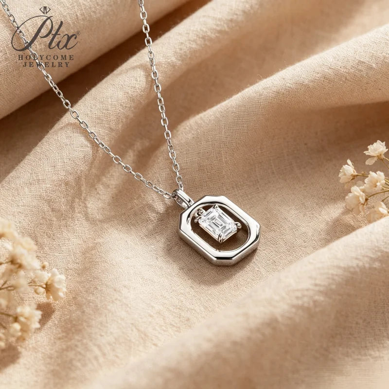 1ct Emerald Cut Moissanite Necklace 925 Silver