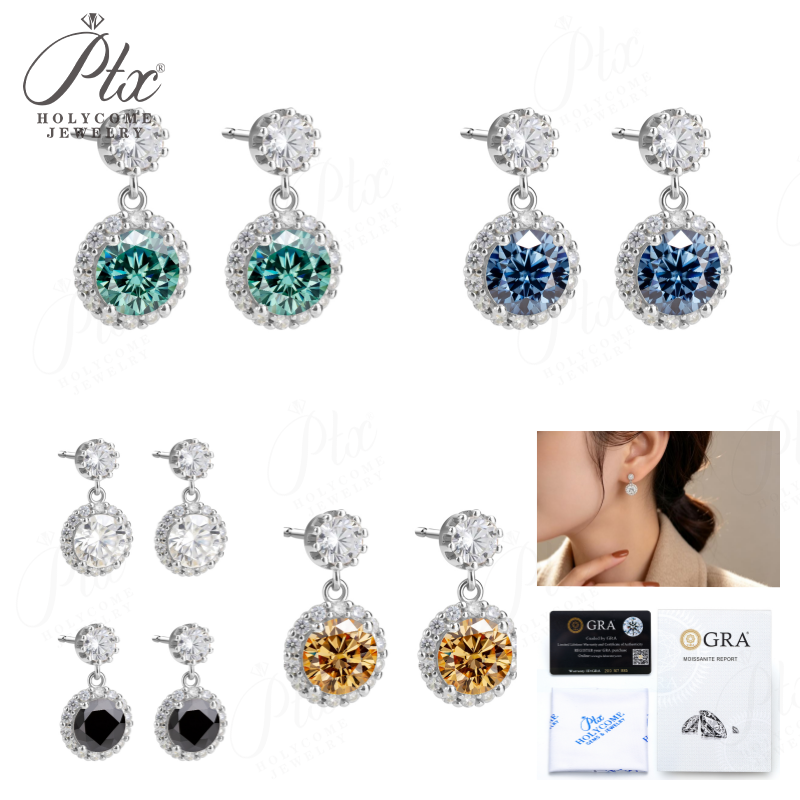 2ct Round Moissanite Halo Drop Earrings